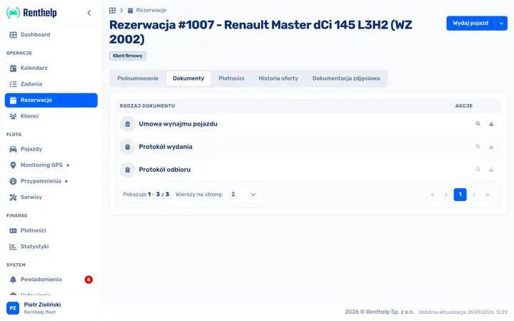 Dokumenty rezerwacji: umowa najmu oraz protokoły wydania i odbioru