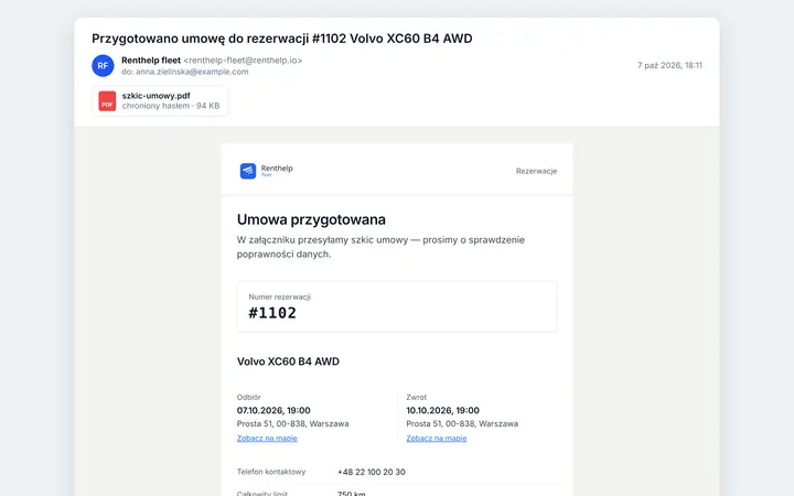 Mail do klienta ze szkicem umowy w PDF chronionym hasłem, z terminem, miejscem, kaucją, udziałem własnym i ceną