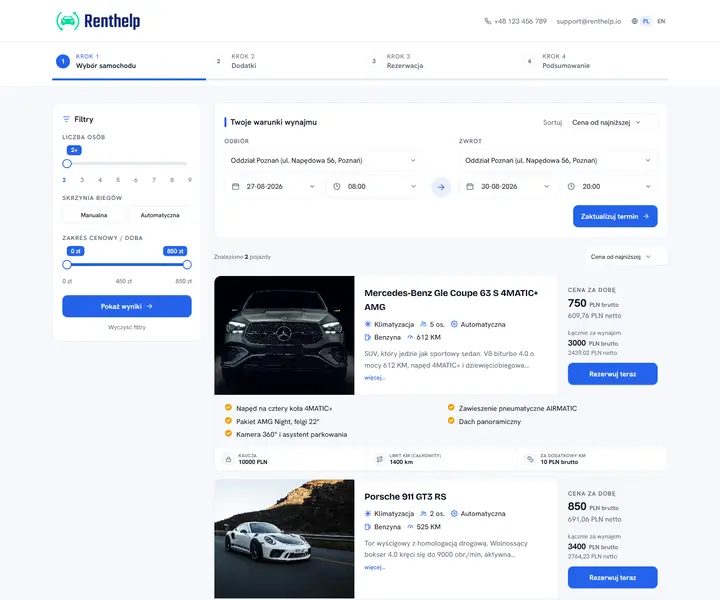 Strona rezerwacji online z listą dostępnych samochodów wypożyczalni