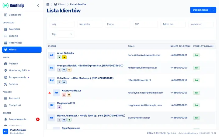 Lista klientów wypożyczalni z danymi kontaktowymi i filtrami