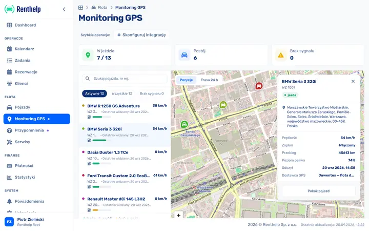 Monitoring GPS w Renthelp: flota na mapie ze statusem jazdy, postoju i braku sygnału
