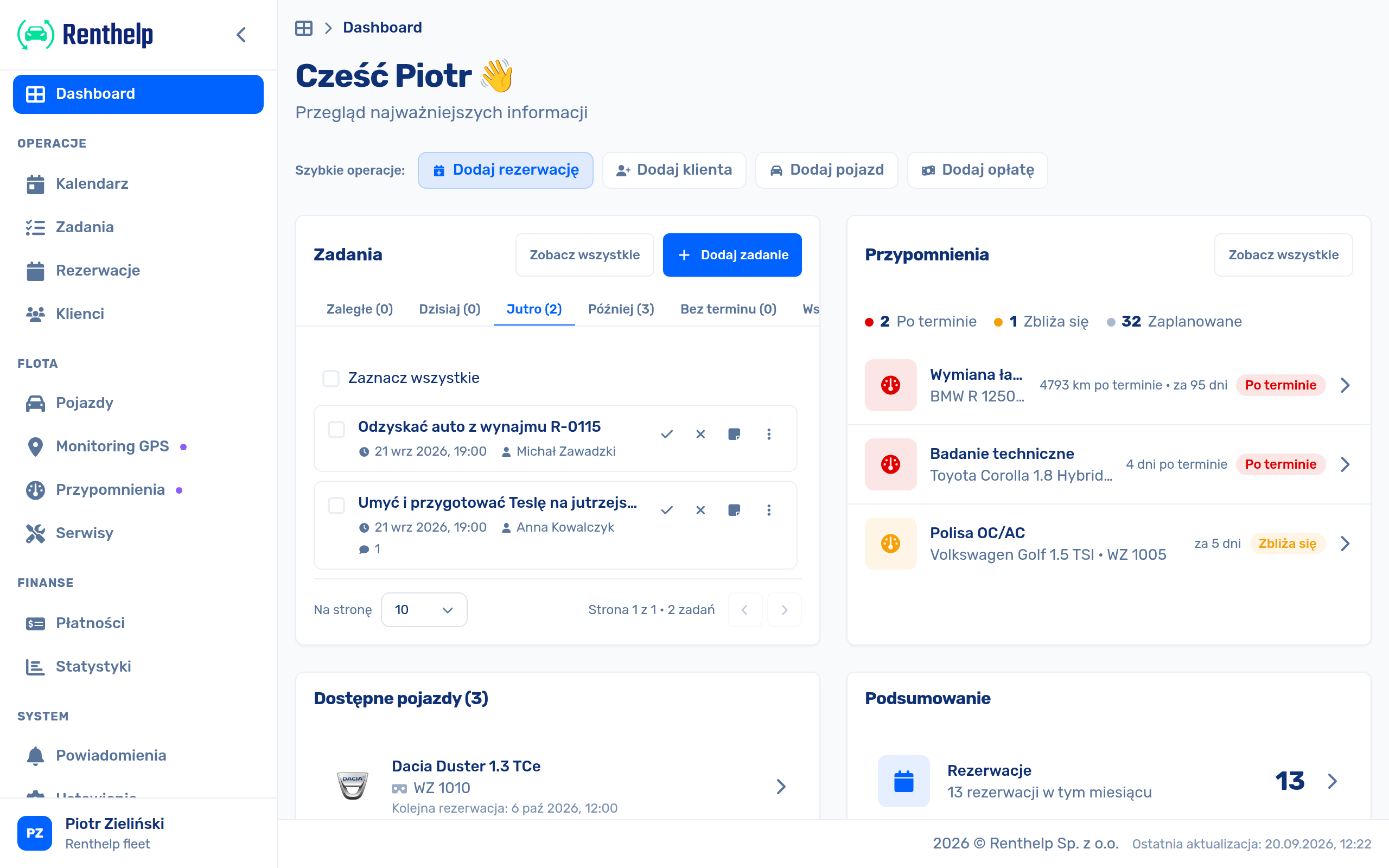 Dashboard Renthelp z zadaniami zespołu i przypomnieniami flotowymi po terminie