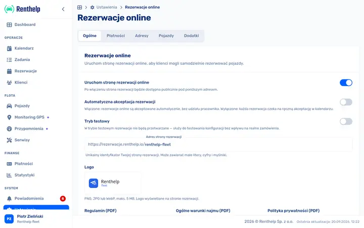 Panel Renthelp z ustawieniami strony rezerwacji online: adres, logo i dokumenty