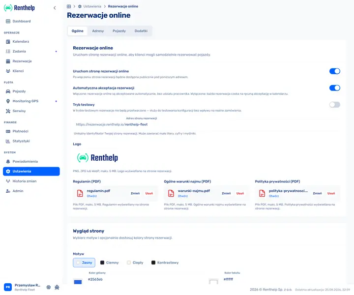 Panel Renthelp z ustawieniami strony rezerwacji online