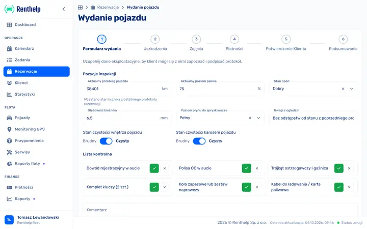 Formularz wydania pojazdu: przebieg wczytany z poprzedniego protokołu, paliwo, stan opon, czystość i lista kontrolna z szablonu inspekcji