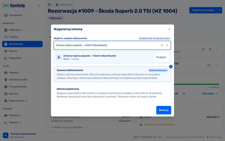 Generowanie umowy: wybór własnego wzoru DOCX i rodzaju umowy, elektronicznej albo papierowej